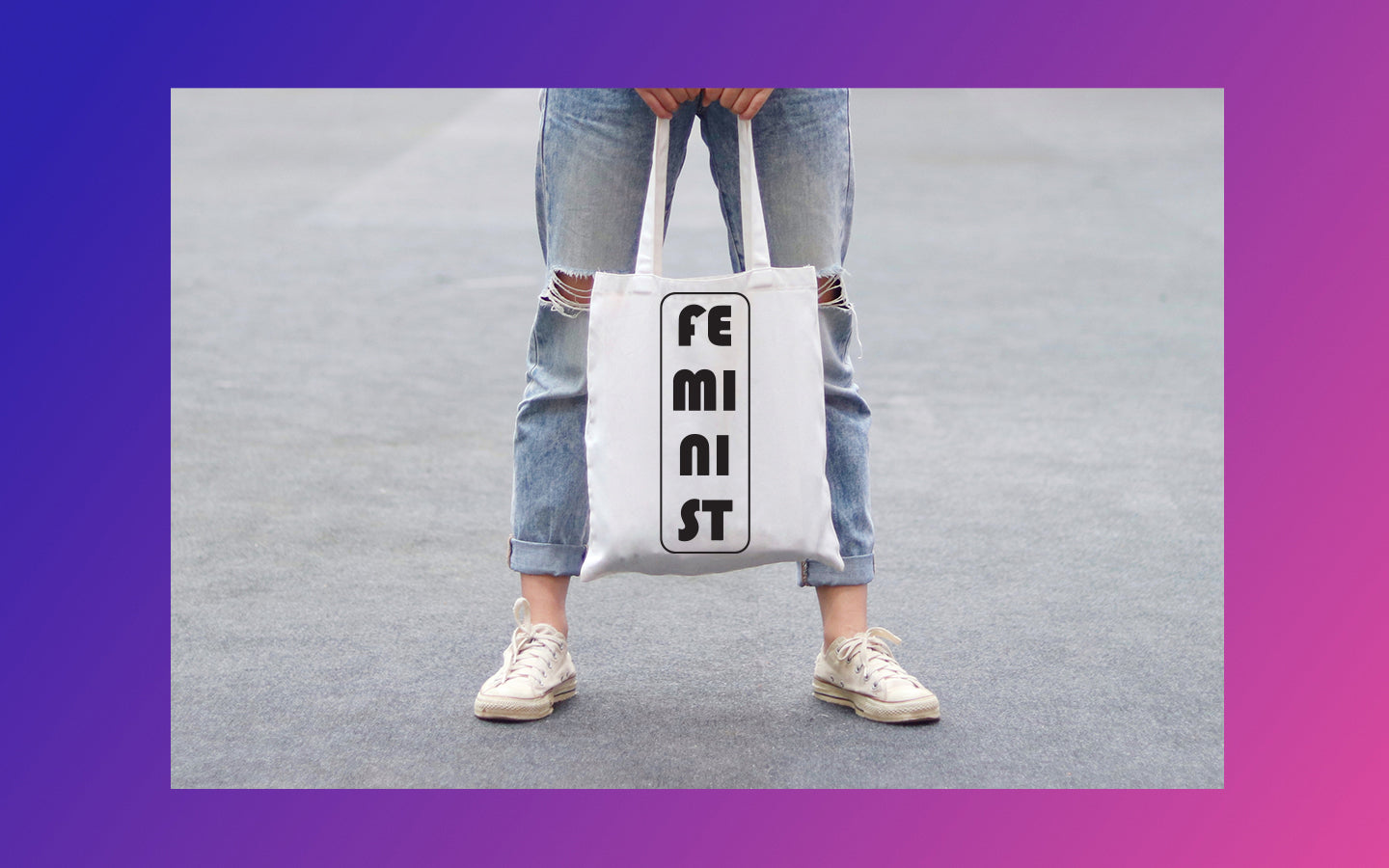 Cotton Tote with “FE MI NI ST” hand screenprint.