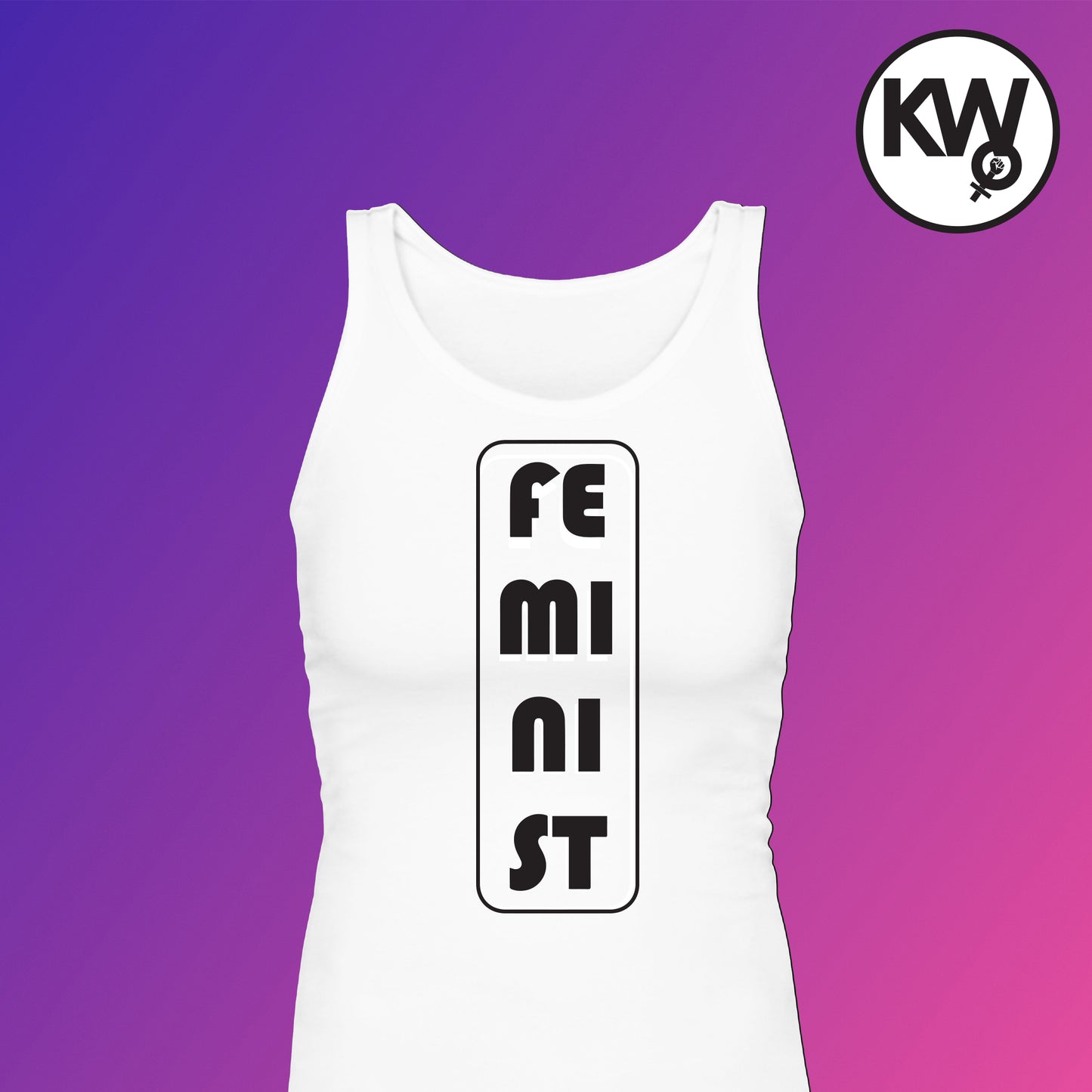 Tank top with a vertical "FEMINIST" hand screenprint.
