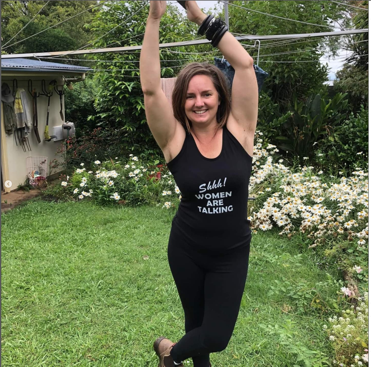 Tank top with "SHH WOMEN ARE TALKING" hand screenprint.