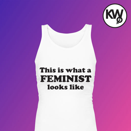 Tank top with "THIS IS WHAT A FEMINIST LOOKS LIKE" hand screenprint.