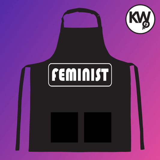 Apron with "FEMINIST” hand screenprint.