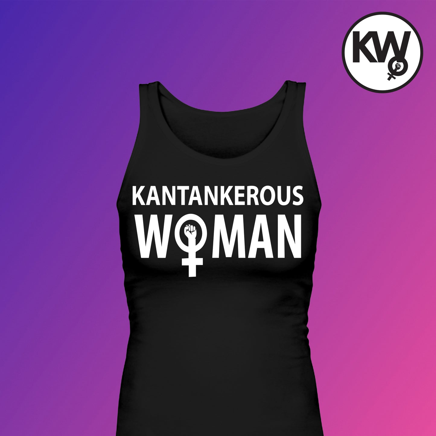 Tank top with "KANTANKEROUS WOMAN" hand screenprint.
