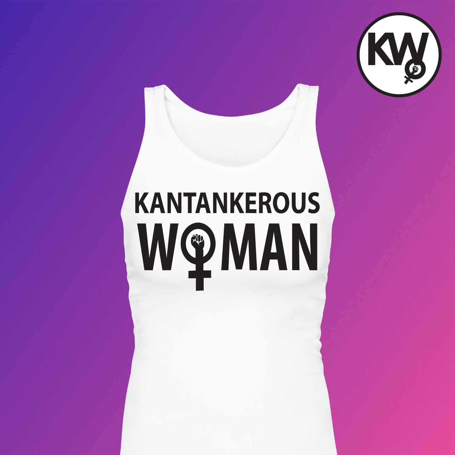 Tank top with "KANTANKEROUS WOMAN" hand screenprint.