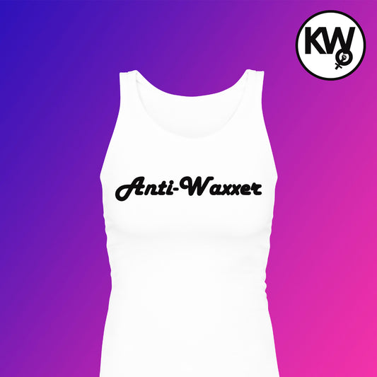 Tank top with "ANTI-WAXXER" hand screenprint.