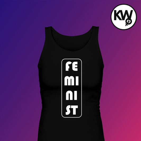 Tank top with a vertical "FEMINIST" hand screenprint.